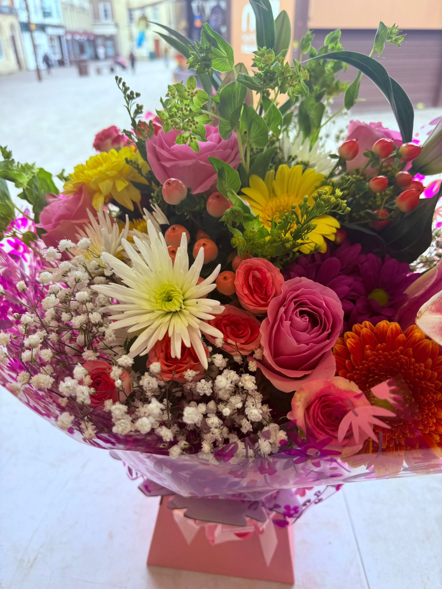 Colourful yellow and pink mixed bouquet