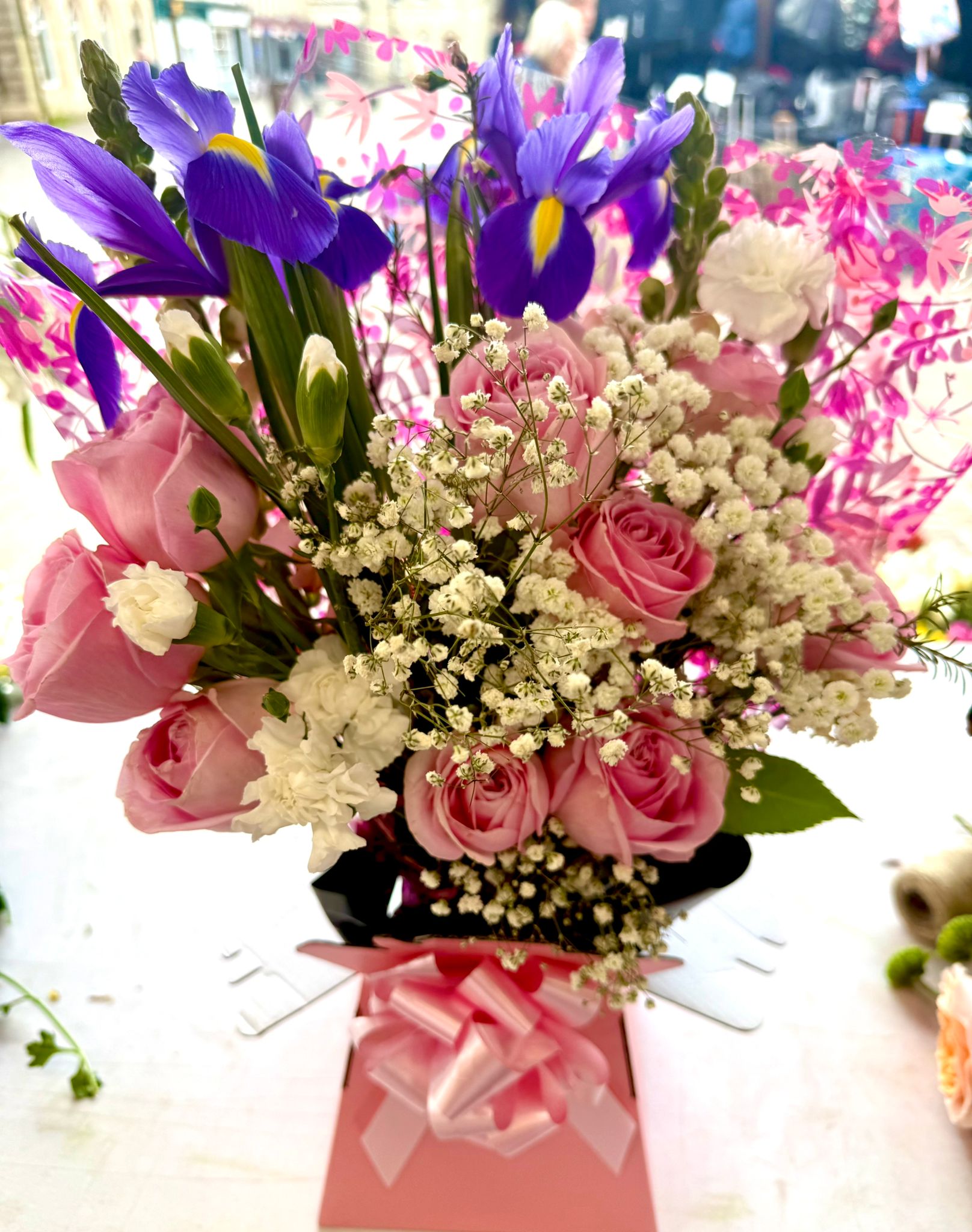 Pink roses and purple iris hatbox