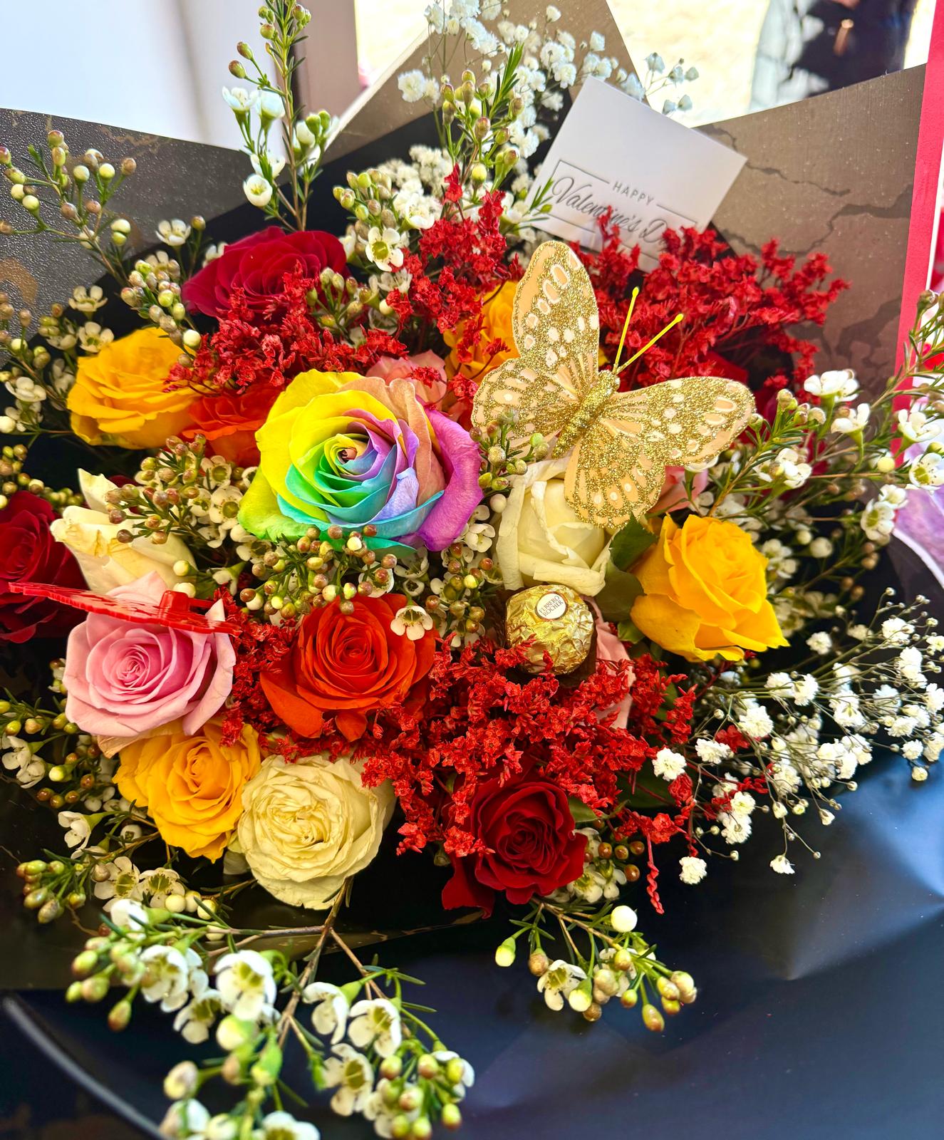 Rainbow rose multicolour bouquet