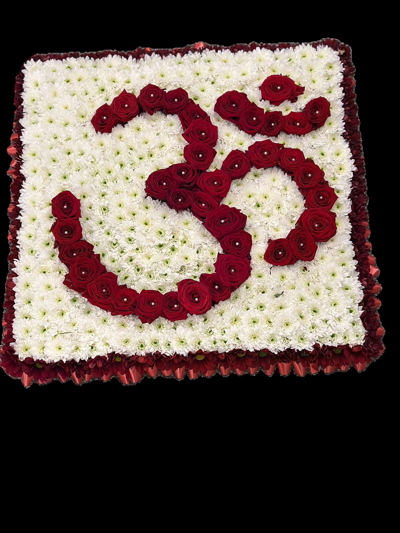 Red Om square funeral tribute