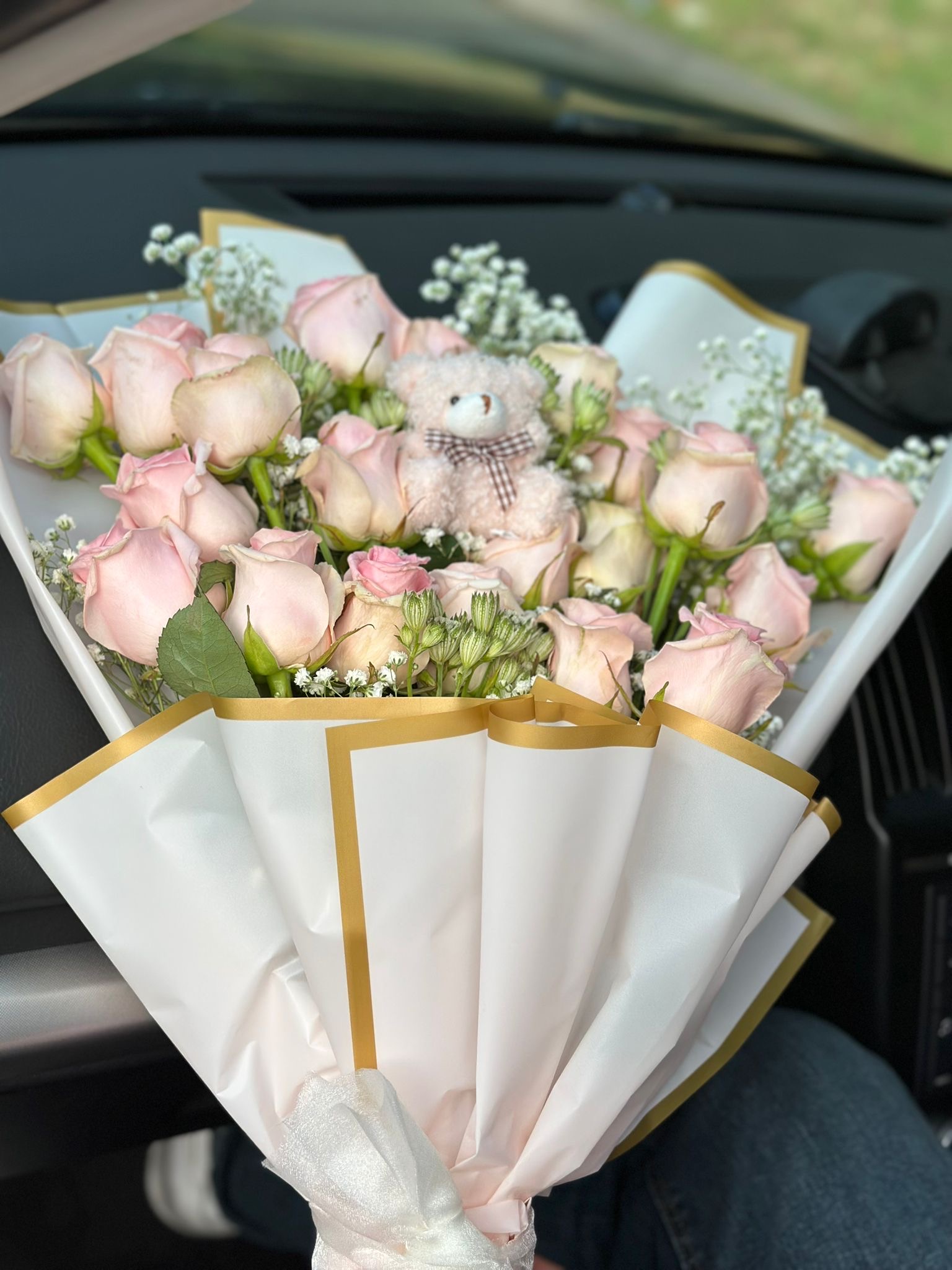 Pink roses bouquet with teddy bear for new arrival