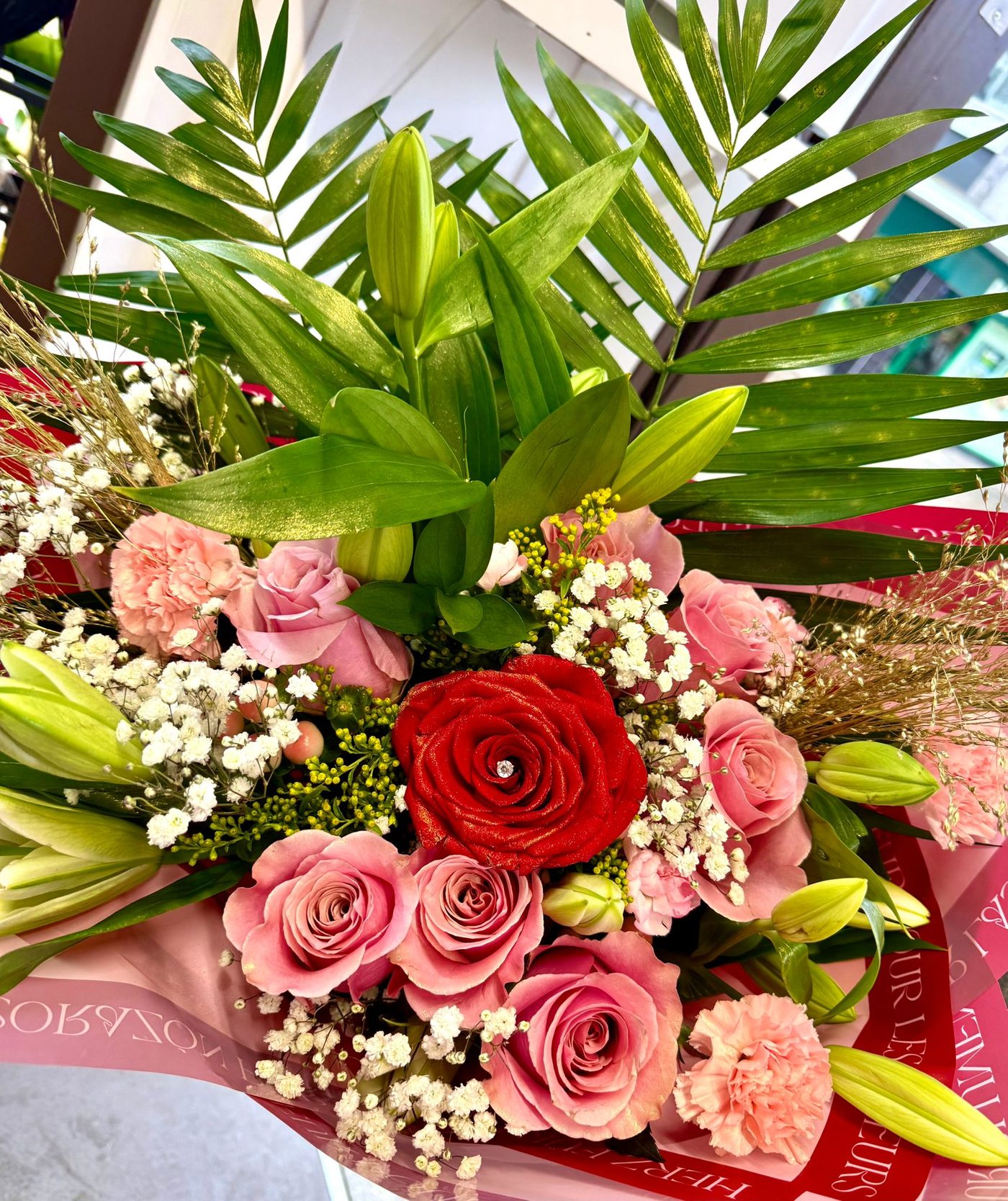 Red and pink anniversary bouquet