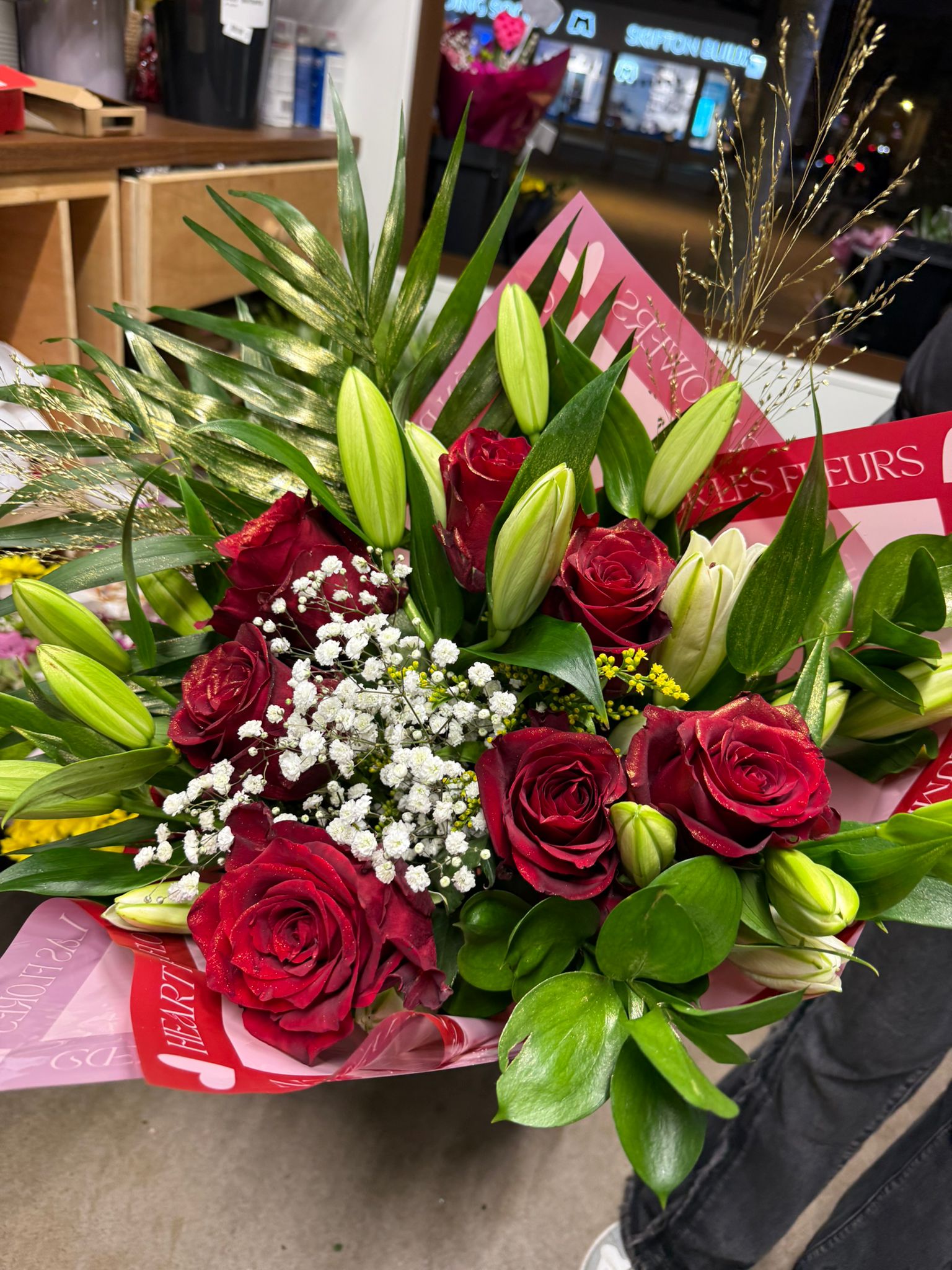 Red roses and lilies forever bouquet