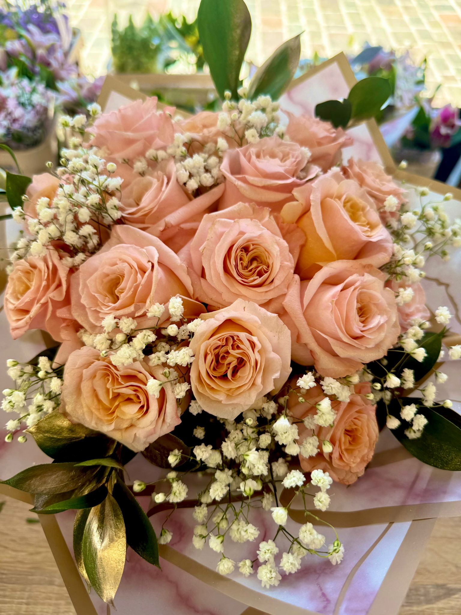 Soft peach roses bridal bouquet