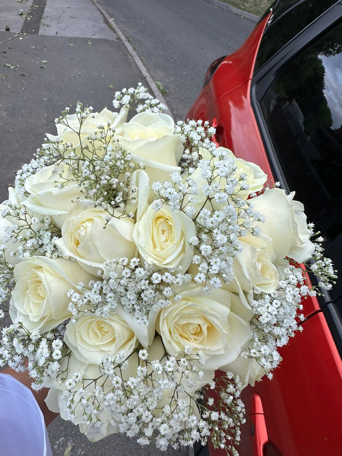 White rose and gypsophila bridal bouquet